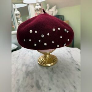 Victoria Leland Pearl & Rhinestone Burgundy Wool Beret NWT